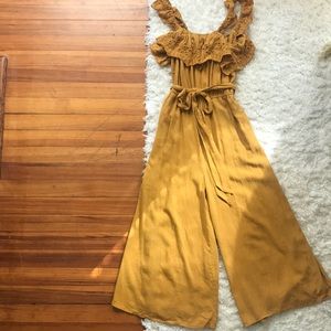Yellow forever 21 wide leg cropped linen jumpsuit